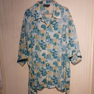 Stacy Adams Teal & Yellow Geometric Button-Front Blouse